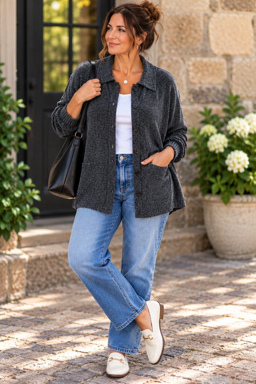 Elisabeth Dark Gray Chenille Cardigan Sweater 2X Oversized Lagenlook 90s
